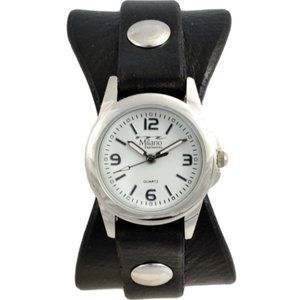 CuffWatches - Women's Black Leather Hourglass Cuff Watch
